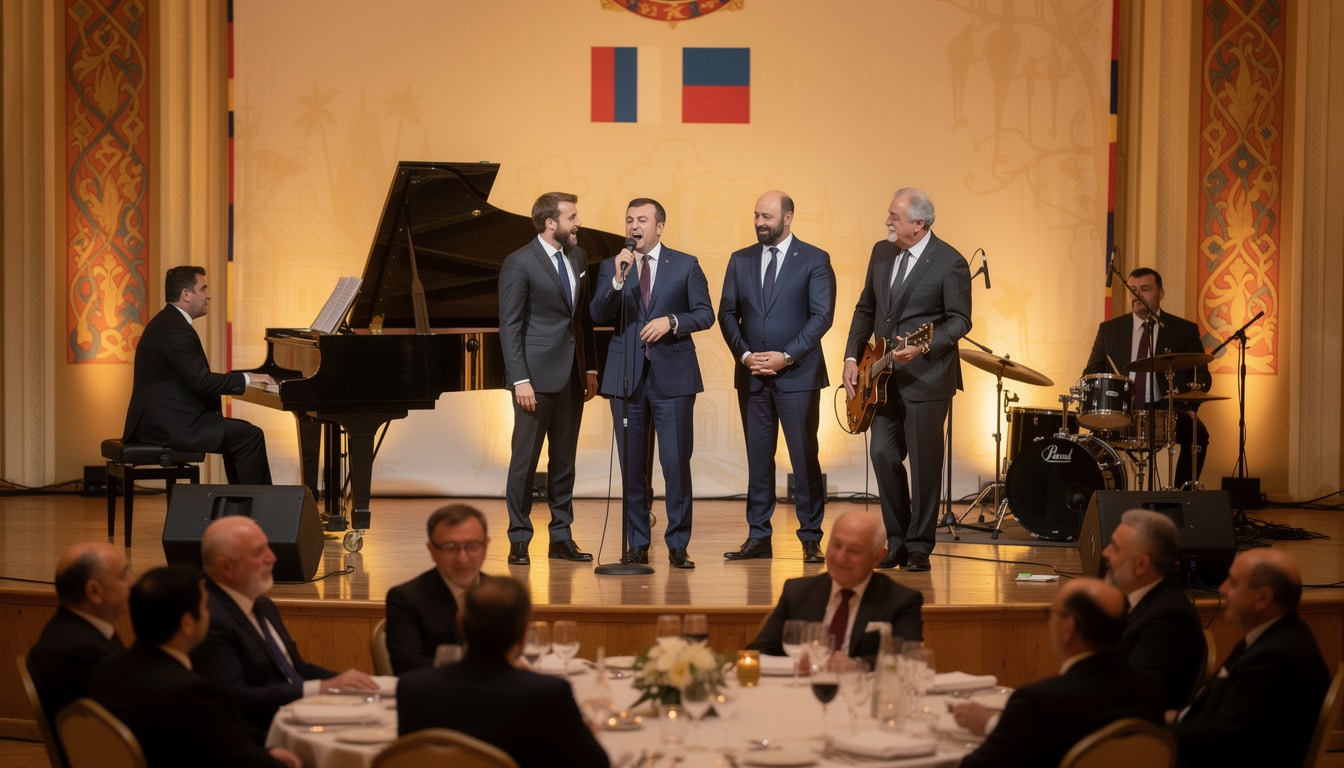 emmanuel macron interprète « la bohème » d’aznavour en compagnie des dirigeants arméniens, un moment musical chargé d'émotion et de symbolisme.