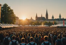 Gig tripping : quand le concert devient le point de départ du voyage Foule d'un festival de musique en ville au coucher du soleil
