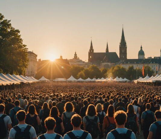 Gig tripping : quand le concert devient le point de départ du voyage Foule d'un festival de musique en ville au coucher du soleil