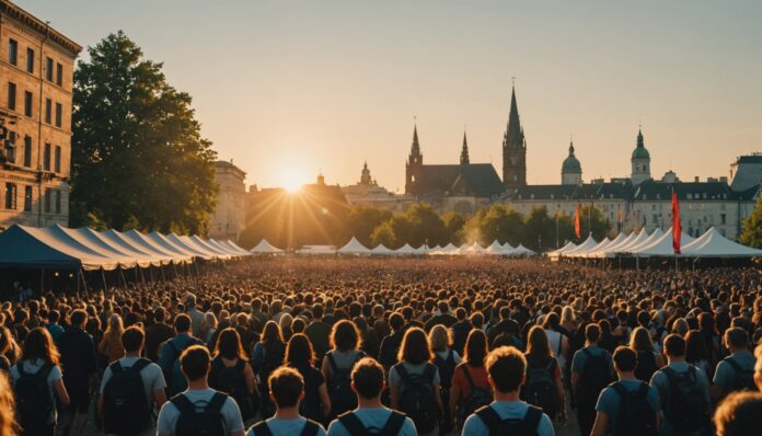 Foule d'un festival de musique en ville au coucher du soleil