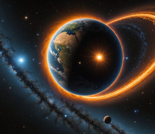 Microlentille gravitationnelle : une planete geante retrouvee dans de vieilles donnees Illustration d'une planete geante et d'une microlentille gravitationnelle dans l'espace
