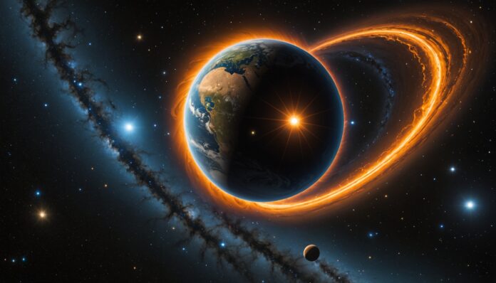 Illustration d'une planete geante et d'une microlentille gravitationnelle dans l'espace