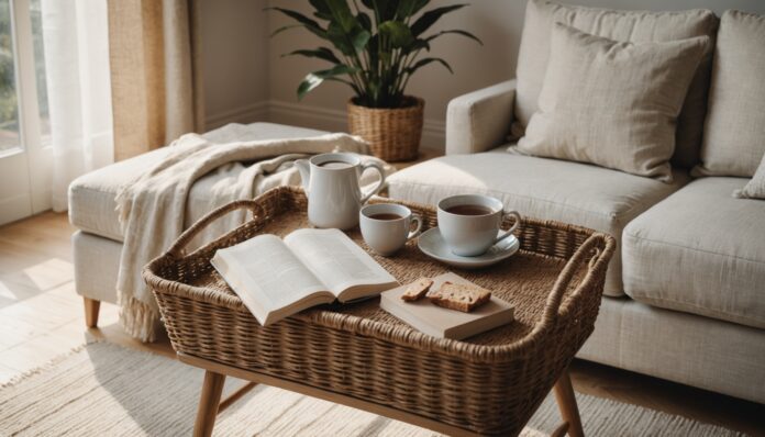 Smartphone dans un panier, ambiance salon calme