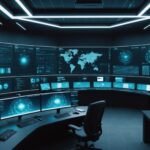 Salle de supervision d'agents IA autonomes en entreprise, tableaux de bord et reseau de donnees