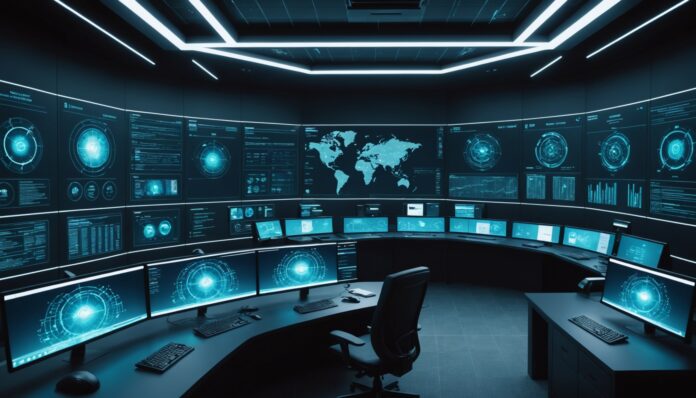 Salle de supervision d'agents IA autonomes en entreprise, tableaux de bord et reseau de donnees