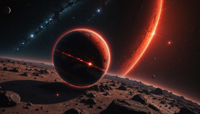Vue d'artiste de l'exoplanete rocheuse LHS 1140b entouree d'une fine atmosphere face a une naine rouge