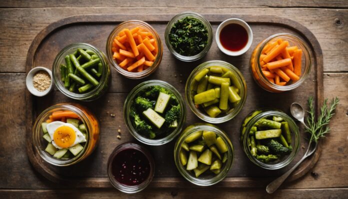 Bocaux de legumes lacto-fermentes et produits locaux de saison