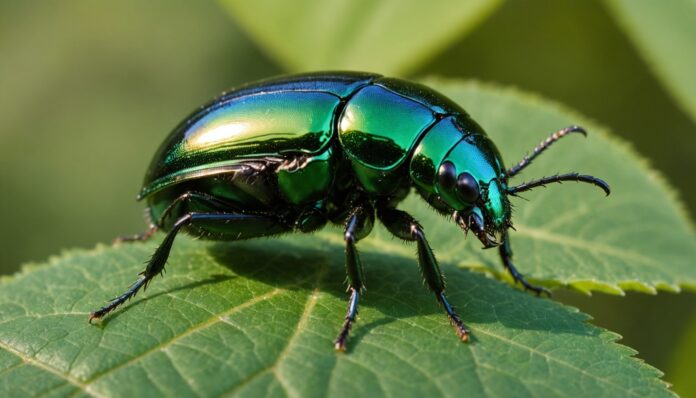 Scarabée japonais aux reflets vert métallique posé sur une feuille