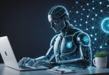Doctolib et intelligence artificielle : vos données de santé utilisées sauf opposition Illustration d'un médecin consultant un ordinateur avec des motifs de réseau de neurones symbolisant l'intelligence artificielle appliquée à la santé