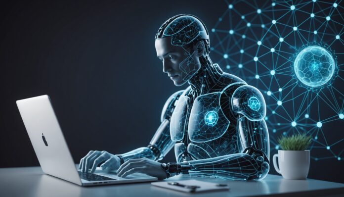 Illustration d'un médecin consultant un ordinateur avec des motifs de réseau de neurones symbolisant l'intelligence artificielle appliquée à la santé