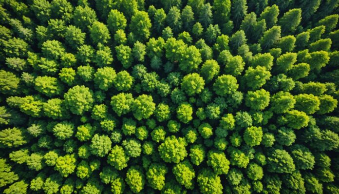 Vue aérienne d'une forêt française mêlant arbres sains et arbres dépérissants sous l'effet du changement climatique