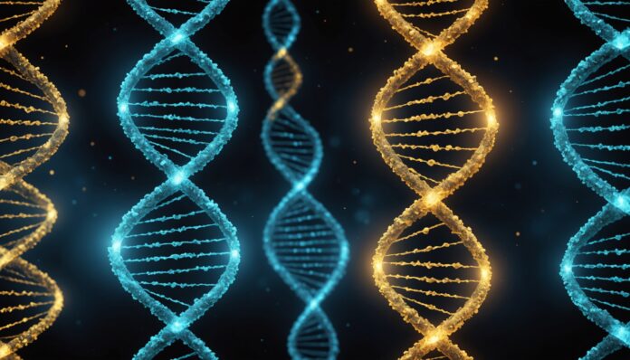Illustration abstraite d'une double hélice d'ADN et de silhouettes fantomatiques symbolisant des ancêtres humains disparus