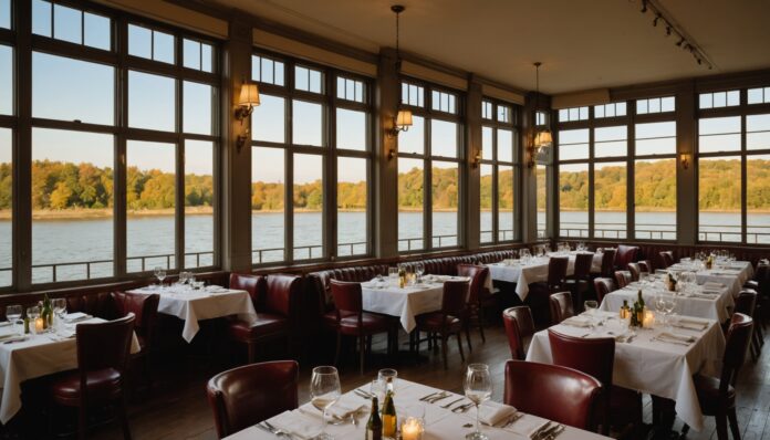 Salle d'un restaurant bouillon à la française avec grandes baies vitrées et tables dressées