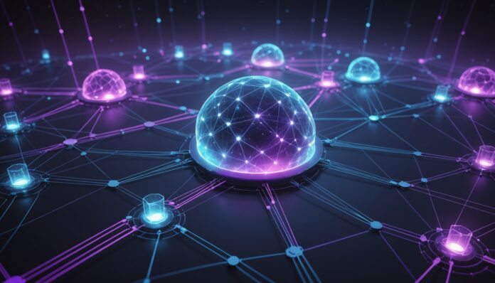 Illustration abstraite d'un réseau d'agents IA connectés dans une infrastructure cloud d'entreprise