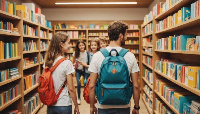 Famille française faisant ses achats de rentrée scolaire dans une papeterie lumineuse