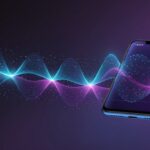 Écran de smartphone avec onde sonore abstraite évoquant une voix de synthèse IA lors d'un appel