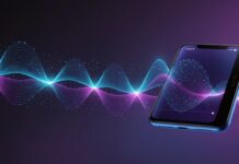 Appels frauduleux générés par IA : pourquoi les arnaques téléphoniques explosent en France Écran de smartphone avec onde sonore abstraite évoquant une voix de synthèse IA lors d'un appel