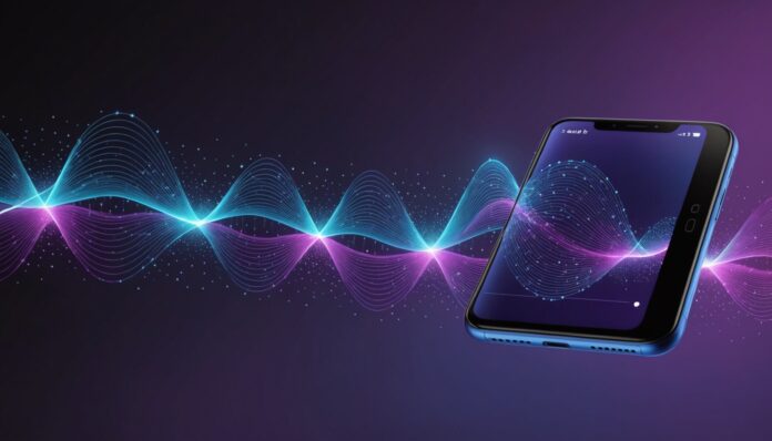 Écran de smartphone avec onde sonore abstraite évoquant une voix de synthèse IA lors d'un appel