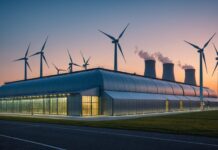 Empreinte environnementale de l’IA générative : l’ADEME appelle à la vigilance Centre de donnees au crepuscule avec panneaux solaires et eoliennes symbolisant l'impact environnemental de l'intelligence artificielle