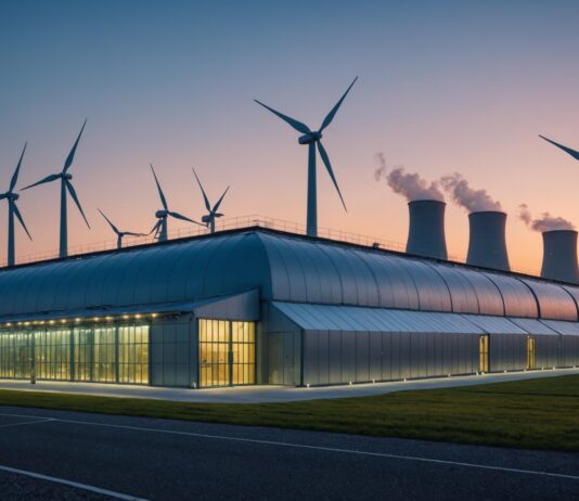 Empreinte environnementale de l’IA générative : l’ADEME appelle à la vigilance Centre de donnees au crepuscule avec panneaux solaires et eoliennes symbolisant l'impact environnemental de l'intelligence artificielle