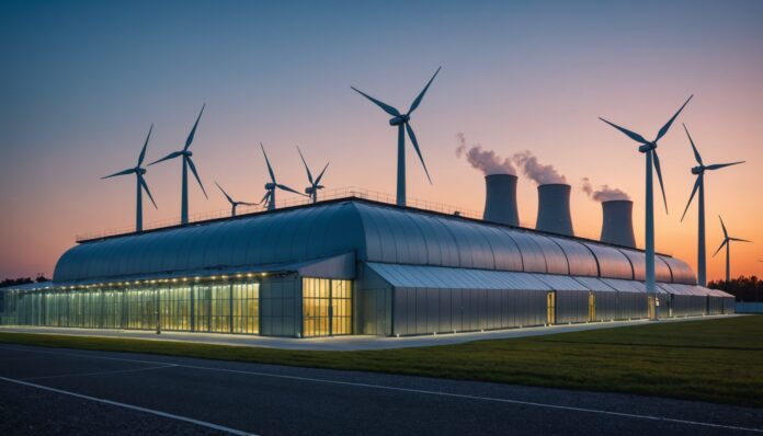 Centre de donnees au crepuscule avec panneaux solaires et eoliennes symbolisant l'impact environnemental de l'intelligence artificielle