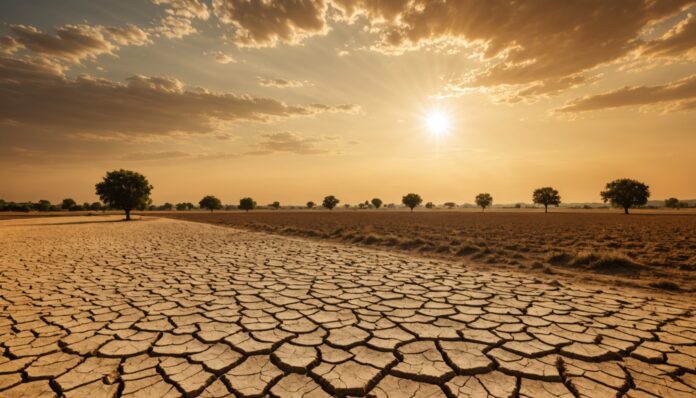 Paysage français craquelé par la sécheresse sous une chaleur extrême