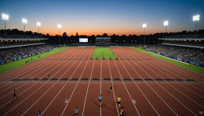 Piste d'athlétisme dans un stade éclairé en nocturne lors d'une compétition