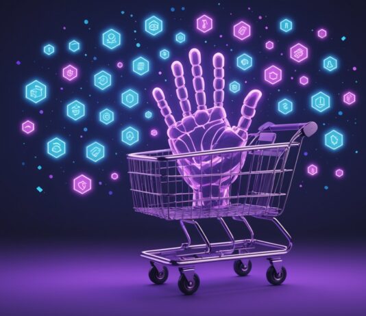 Commerce agentique : quand les agents IA font vos achats à votre place Illustration d'un agent IA effectuant un achat en ligne dans le cadre du commerce agentique