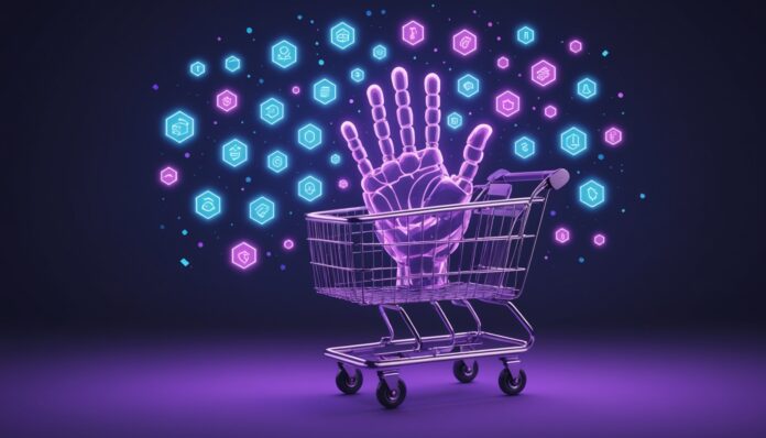 Commerce agentique : un agent IA fait ses achats en ligne Illustration d'un agent IA effectuant un achat en ligne dans le cadre du commerce agentique
