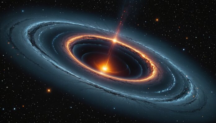 Illustration d'un trou noir supermassif avec disque d'accrétion dans l'espace profond