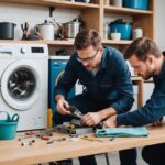Technicien réparant un lave-linge, pièces détachées et outils sur établi
