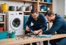 Indice de réparabilité : quatre nouveaux produits concernés, ce qui change pour la garantie et le service après-vente Technicien réparant un lave-linge, pièces détachées et outils sur établi