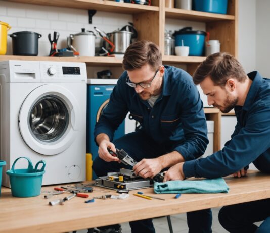 Indice de réparabilité : quatre nouveaux produits concernés, ce qui change pour la garantie et le service après-vente Technicien réparant un lave-linge, pièces détachées et outils sur établi