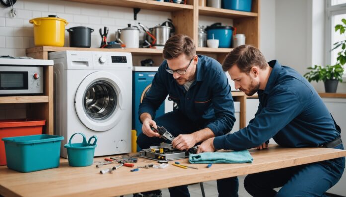 Technicien réparant un lave-linge, pièces détachées et outils sur établi