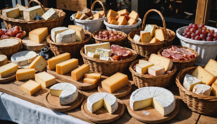 Étal de fromages traditionnels normands sur un marché de producteurs
