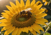 Canicule et pollinisateurs : comment la chaleur bouleverse la biodiversité en France Abeille butinant une fleur de tournesol sous une chaleur intense, symbole de l'impact de la canicule sur les pollinisateurs en France