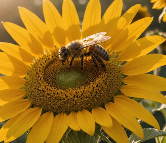 Canicule et pollinisateurs : comment la chaleur bouleverse la biodiversité en France Abeille butinant une fleur de tournesol sous une chaleur intense, symbole de l'impact de la canicule sur les pollinisateurs en France