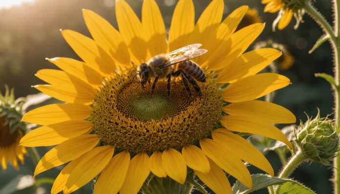 Abeille butinant une fleur de tournesol sous une chaleur intense, symbole de l'impact de la canicule sur les pollinisateurs en France