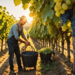 Vendangeurs récoltant du raisin tôt le matin dans un vignoble français en pleine canicule