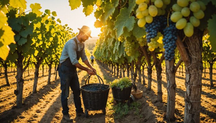 Vendangeurs récoltant du raisin tôt le matin dans un vignoble français en pleine canicule