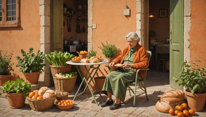 Illustration d'une scène de vie italienne paisible évoquant la tendance lifestyle nonna maxxing