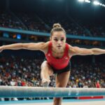 Jeune gymnaste française en action sur la poutre lors des Championnats d'Europe
