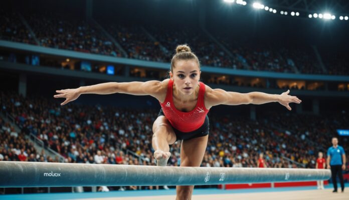 Jeune gymnaste française en action sur la poutre lors des Championnats d'Europe