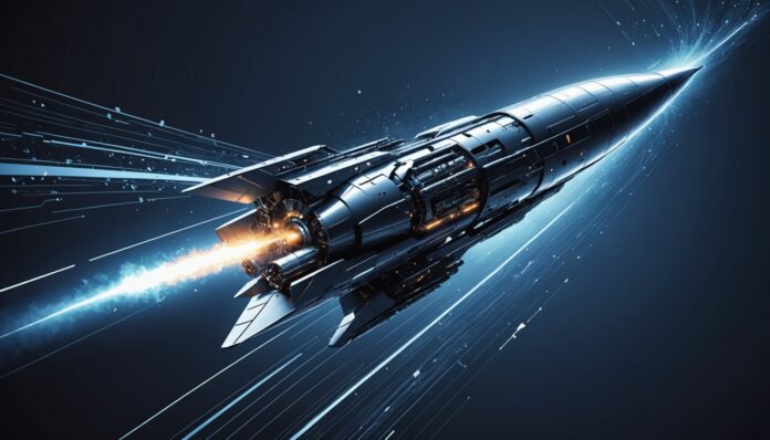 Illustration futuriste d'une intelligence artificielle de codage fusionnant avec une fusée