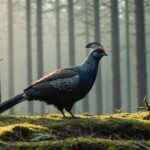 Grand tétras, oiseau menacé, dans une forêt de montagne brumeuse en France