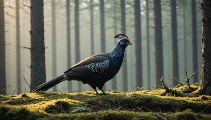 Grand tétras, oiseau menacé, dans une forêt de montagne brumeuse en France