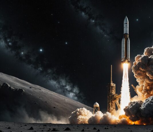 Une fusée SpaceX va percuter la Lune : ce que cet impact va révéler aux scientifiques Illustration d'un étage de fusée s'écrasant sur la surface cratérisée de la Lune avec un panache de poussière