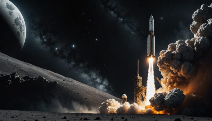 Illustration d'un étage de fusée s'écrasant sur la surface cratérisée de la Lune avec un panache de poussière