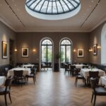 Salle de restaurant gastronomique élégante mêlant architecture contemporaine et art, ambiance parisienne raffinée
