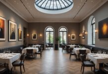 Anne-Sophie Pic s’installe à la Fondation Cartier : quand la gastronomie rencontre l’art contemporain à Paris Salle de restaurant gastronomique élégante mêlant architecture contemporaine et art, ambiance parisienne raffinée